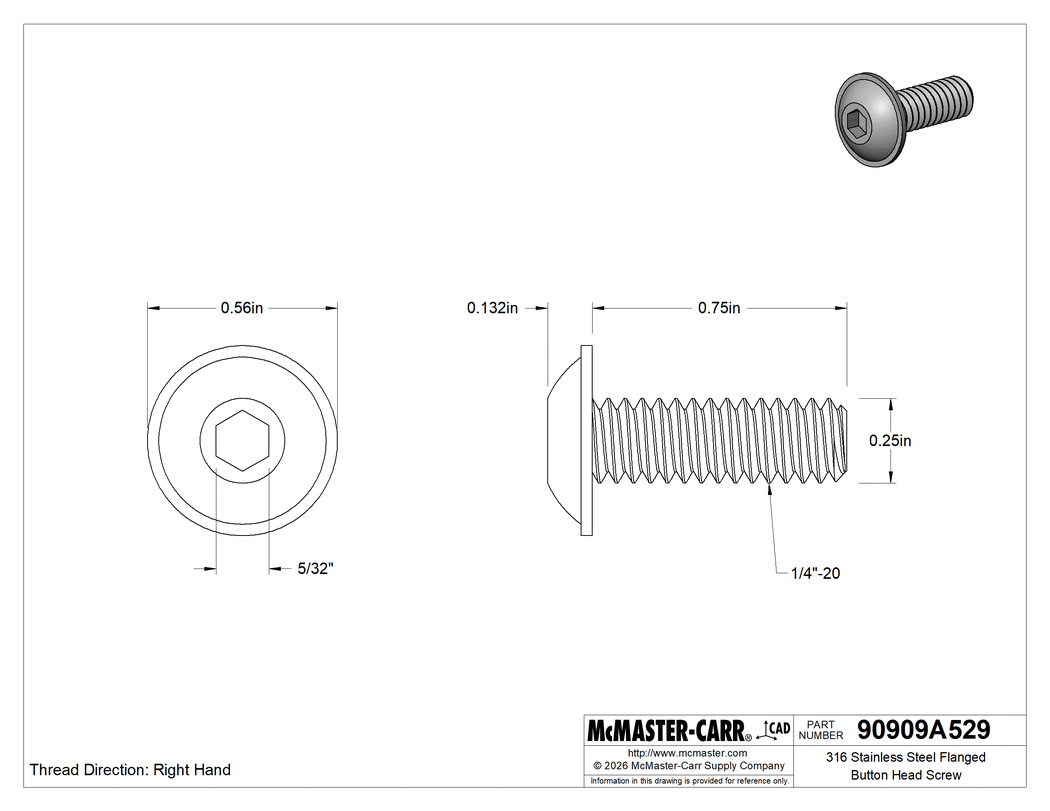 Technical Drawing of 316 Stainless Steel Flanged Button Head Screw, 1/4"-20 Thread, 3/4" Long.